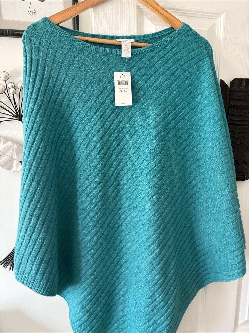 J. Jill Teal Off-the-Shoulder Ribbed Sweater Poncho